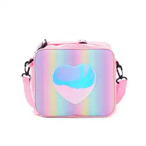 야외 레이저 하트 레인보우 컬러 반짝이 절연 점심 가방 소녀 귀여운 어깨 피크닉 쿨러 가방