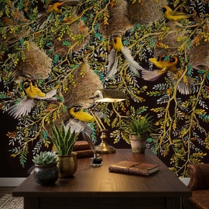Papel Tapiz Mural Autoadhesivo Impermeable con Fondo Oscuro y Aves Tropicales para Decoración de Paredes de Sala de Estar - Product Image 2
