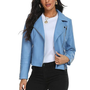 Veste moto en cuir pour femme, en peau de mouton imprimée et tissée, respirante, pour l'hiver, neuve et de qualité, en vente. - Product Image 1