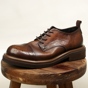 Men's British Style Oxfords Dark Brown <b>Round</b> Toe Top Layer Cowhide Leather Shoes <b>Cushioned</b> Thick Sole Office Career Wear - Product Image 1