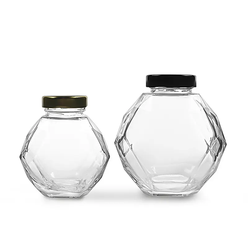 Luxus erstklassige Lebensmittel Glas Honig Gelee Marmelade Gläser Honig Glasbehälter Gläser mit Deckel Diamant form 180ml 380ml