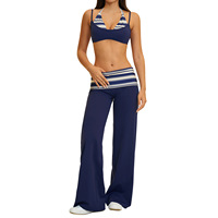 Conjunto de Yoga de 2 Piezas para Mujer, Marca Privada, con Rayas, Cintura Plegable, Sujetador Deportivo Halter, Pantalones Anchos con Corte Acampanado, Logotipo Personalizado OEM