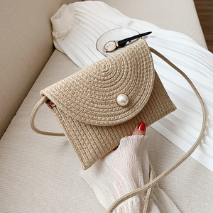 Bolso Bandolera de Paja Tejida para Mujer, Estilo Bohemio Color Caqui, con Cierre Magnético, para la Playa - Product Image 1