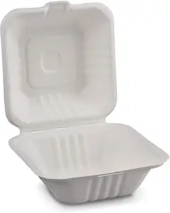 Molded Fiber Bagasse Restoran Untuk Pergi Kotak Makanan dengan Kunci Mengambil Burger Hamburger Clamshell Kontainer 6X6 Inci