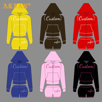 Ensemble Athleisure d'été personnalisable pour femme en maille gaufrée 2 pièces : Hoodie court zippé à surpiqûres contrastées et short taille basse