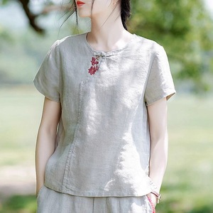 Women's Short Sleeve Cotton Linen Chinese Style Blouse Summer Casual Top White Linen Color Loose Fit Everyday Wear - Product Image 2