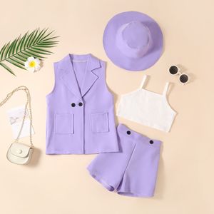 Élégant décontracté 4 pièces ensemble pour filles chaud bébé sans manches été costume couleur unie gilet licou Shorts haut décontracté-pour un usage quotidien - Product Image 2