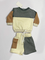 Ensemble de vêtements pour enfants, sweat-shirt à col rond pour bébé, style nouveau, personnalisé, blocs de couleur et short cargo, tissu en molleton français