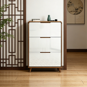 Zapatero Moderno Abatible de 3 Niveles en Color Nogal y Blanco, Almacenamiento Ultrafino y Estrecho con Marco de Madera Sólida <span class=keywords><strong>para</strong></span> Sala de Estar - Product Image 4