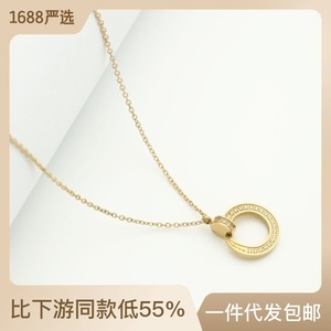 C Shaped Diamond Necklace For Women Gold Color Round Brilliant Cut Geometric Design Everyday Wear Titanium Steel Chain - Product Image 3