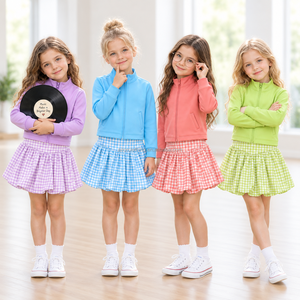 Wholesale Kids Yoga <b>Clothing</b> <b>Set</b> Zip Up Long Sleeve Top and Matching Checked Skirt for <b>Girls</b> - Product Image 1