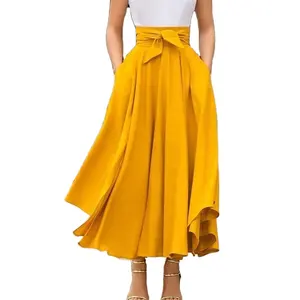 2022 Fashionable Women Ladies Bow Belt Big Hem Midi Length Skirt Wholesale Plus Size Solid Color Latest Design Women Clothing