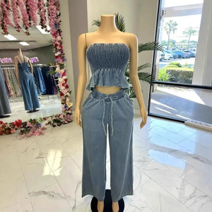 Femmes taille haute mode Denim 2 pièces ensemble ourlet plissé élastique haut sans bretelles exposé nombril large jambe pantalon <span class=keywords><strong>jean</strong></span> décontracté Logo - Product Image 4