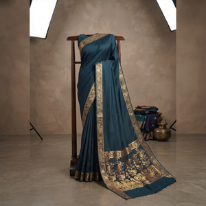 Sari en soie turquoise avec bordure dorée Zari, sari indien traditionnel pour mariage, longueur au sol, coupe classique, toutes saisons - Product Image 1