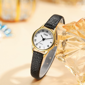 Montre à quartz pour femme en cuir véritable fin, style vintage, avec cadran romain et bracelet en peau de serpent dorée - Product Image 1