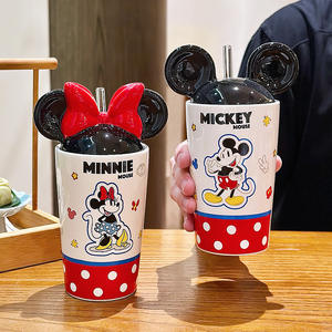 Taza de cerámica Zuo Mu Mickey y Minnie Mouse con tapa y pajita, regalo reutilizable para parejas y niños - Product Image 3