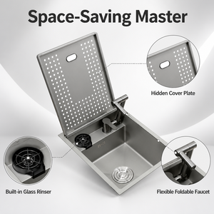 Fregadero de Cocina Oculto de Plata Nano que Ahorra Espacio |   Fregadero Individual de Acero Inoxidable SUS304 Hecho a Mano con Grifo Plegable Integrado - Product Image 1