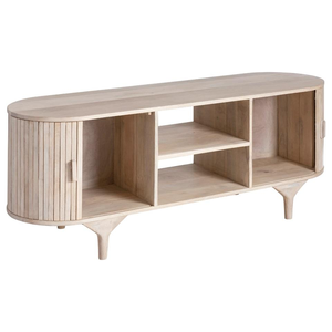 Meuble TV rustique et élégant en bois massif avec des éléments sculptés artisanalement et une large surface de présentation pour le salon - Product Image 4