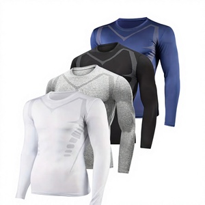 TRIBON SPORTS T-shirt de compression à manches régulières pour homme, blanc, noir, bleu, gris, coupe ajustée, séchage rapide, anti-boulochage, décontracté, col rond, tricoté - Product Image 1