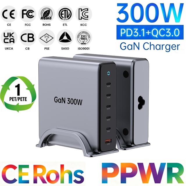 Tommox Custom logo 6 in 1 Fast Charging Station Hub Adapter USB C 300W/140W/100W PD3.1 GaN Desktop Laptop Charger Type c Tablet
