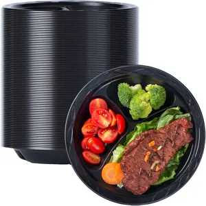 Plastic Plates 9 Inch 3 Compartment Biodegradable Disposable Plates Food Grade Material BPA Free Reusable Black Plastic Plates