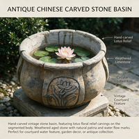 Bassin rond en pierre bleue sculpté à la main, style antique, avec relief de lotus, pour jardin, bonsaï, aquarium et décoration paysagère