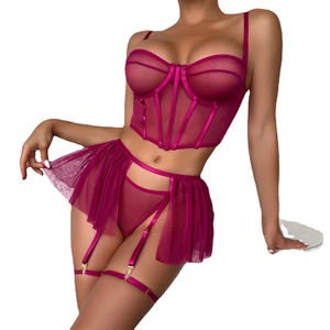 Grosir lingerie seksi renda Bra sabuk Garter berlubang tiga potong pakaian dalam seksi wanita - Product Image 2