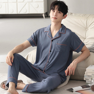 Camicetta da <span class=keywords><strong>uomo</strong></span> in viscosa di bambù pigiama morbida e liscia con maniche corte pantaloni lunghi taglie forti pigiama da <span class=keywords><strong>uomo</strong></span> Set pigiama - Product Image 1