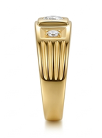 Bague de déclaration pour homme en or massif 14K 18K, large, à trois pierres, avec diamants de laboratoire à taille ronde et nervurés