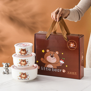 Tulip Ceramic Rice Bowl Fresh-keeping Bowl Three-piece Gift <b>Box</b> Company Gifts Food <b>Storage</b> Container - Product Image 5