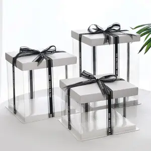 Wholesale Custom Tall Transparent Clear Cake Packaging Box Plastic Square Wedding Bakery Cake Box