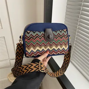 Custom ethnic embroidery bag women 2024 new style retro design contrast canvas small square shoulder bag