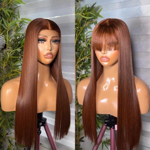 Cabello crudo <span class=keywords><strong>de</strong></span> un solo donante sin pegamento, pelucas con flecos <span class=keywords><strong>de</strong></span> cabello humano vietnamita dibujado doble, pelucas con flequillo <span class=keywords><strong>de</strong></span> cortina recta <span class=keywords><strong>de</strong></span> hueso marrón Chocolate - Product Image 3