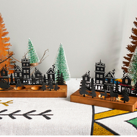 Décorations de table pour fête de Noël et mariage, cadeau, design en métal, base en bois, lumière alimentée par batterie, ornements d'arbre de Noël, noir