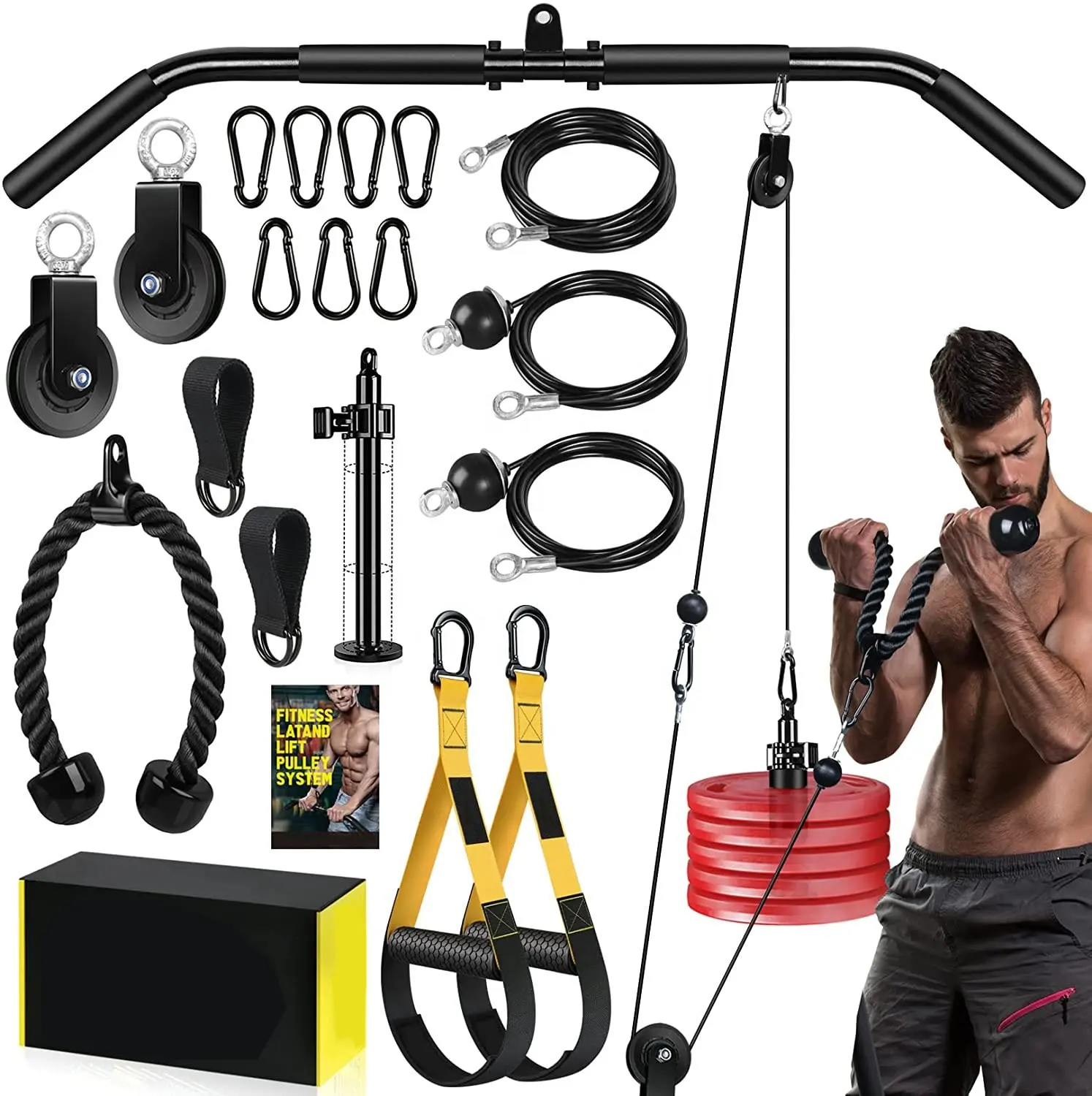 Sistema de polea de cable de peso Gimnasio-Máquina extraíble LAT mejorada accesorios de fitness, pasador de carga, MANGO y Cuerda de tríceps negra