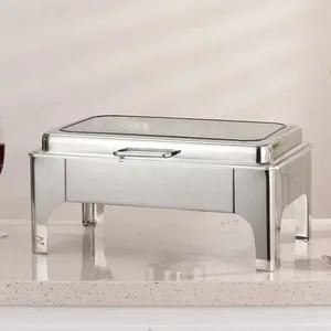Attrezzatura per Catering di Qualità, Chafing Dish a Gas in Acciaio Inox Rettangolare 9L con Finestra in Vetro Argento per Buffet - Product Image 4
