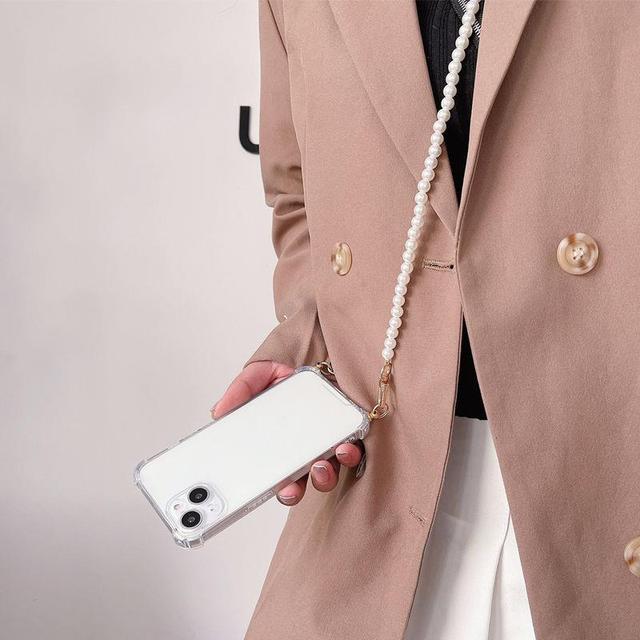 New Design Luxury Metal Brass Pearl Crossbody Handmade Beaded Mobile Phone Case Cover Shell Chain Lanyard Single Shoulder Bag