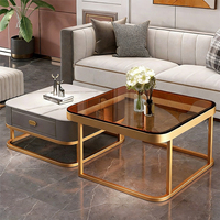 Table basse carrée de luxe moderne, portable, réglable en hauteur, avec plateau en verre grande capacité et structure en acier inoxydable