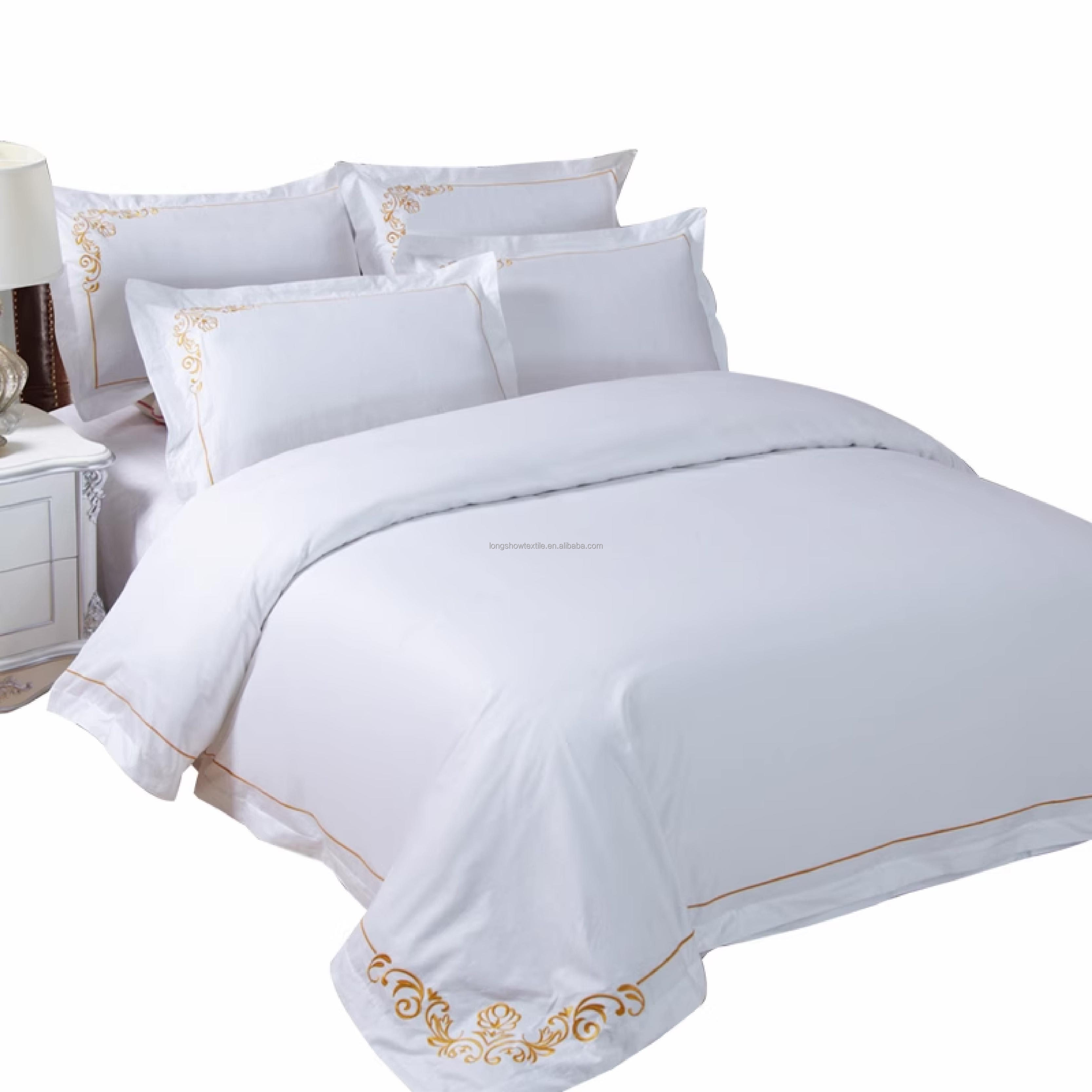 Vente en gros de linge de lit blanc de luxe pour hôtel housse de couette en coton avec taie d'oreiller ensemble de draps