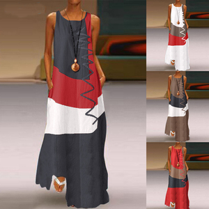 Abito bohémien di vendita caldo stampa fiore O collo senza maniche abito Casual da donna di grandi dimensioni <span class=keywords><strong>con</strong></span> tasche - Product Image 3