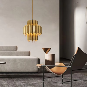 Lampadario Artistico Stile Metà Secolo, Design Grandioso in Ottone con Pannelli Curvi a Più Livelli, Finitura Dorata, Lampadario Decorativo Scultoreo Unico - Product Image 4