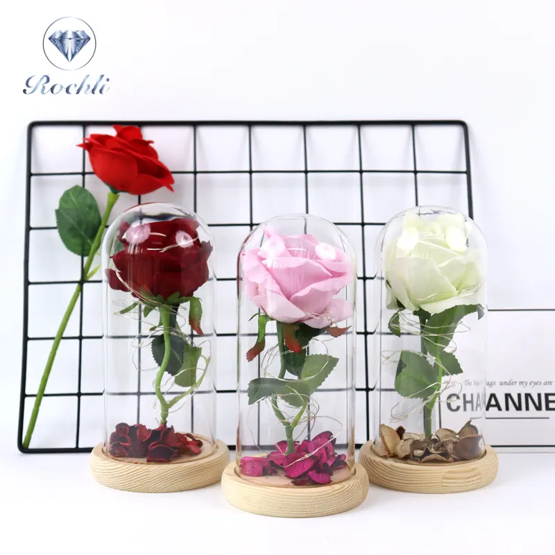 Factory direct sale gift flowers Artificial Rose in glass dome with led light festival Valentine's day flowers artificial