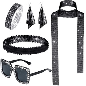 Disco Accessories Women's <b>Sequin</b> Scarf Earrings Bracelet Sunglasses Crystal Rhinestone Party Costume Jewelry Set - Product Image 1