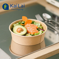 Bol à salade en papier kraft rond de 500 ml avec couvercle en PET et couvercle en papier, boîte à lunch, revêtement PE, utilisable au micro-ondes