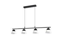 Suspension industrielle linéaire à 4 lumières avec tiges réglables, finition noire, abat-jour en verre dépoli, pour îlot de cuisine et salle à manger