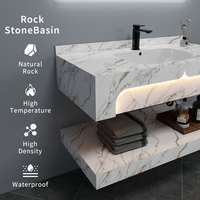 Double Vasque Moderne Suspendue de Qualité Hôtelière, Lavabo Rectangulaire en Pierre Frittée Marbre avec LED, pour Salles de Bain