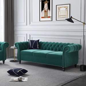 Divano in stile moderno 3 pezzi in velluto <span class=keywords><strong>verde</strong></span> Chesterfield Set 1 + 2 + 3 posti soggiorno divani componibili con bottone a ciuffo - Product Image 1