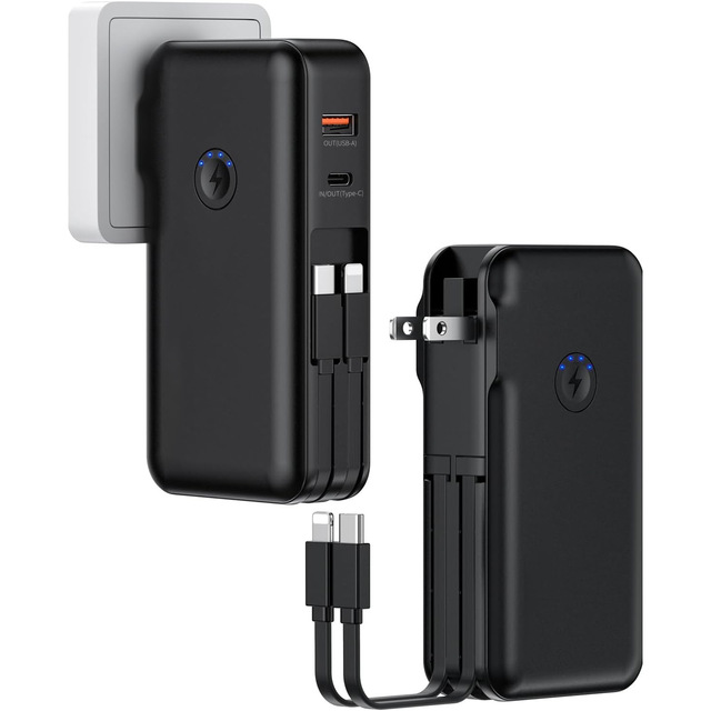 10,000mAh Power Bank with Foldable Plug,Built-in Type-C Cable & USB-C/USB-A Ports, Fast Charger for IPad, iPhone and More