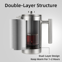 Cafetière à piston HIGHWIN Home Cafe, en acier inoxydable à double paroi, avec couvercle en verre transparent