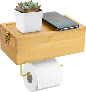 Bamboo Bathroom Wall Mounted Chrome Toilet Paper Holder Stand With Box Wet Tissue Storage